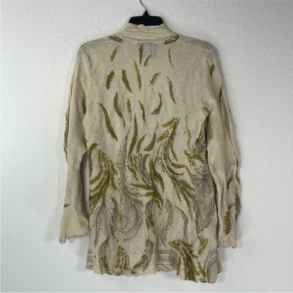 Anthropologie thin knit ecru gold metallic feather print open cardigan sweater M - Picture 2 of 11